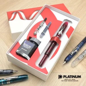 PLATINUM | Set Pluma Estilográfica EF Retráctil CURIDAS + Tintero - Gran Red